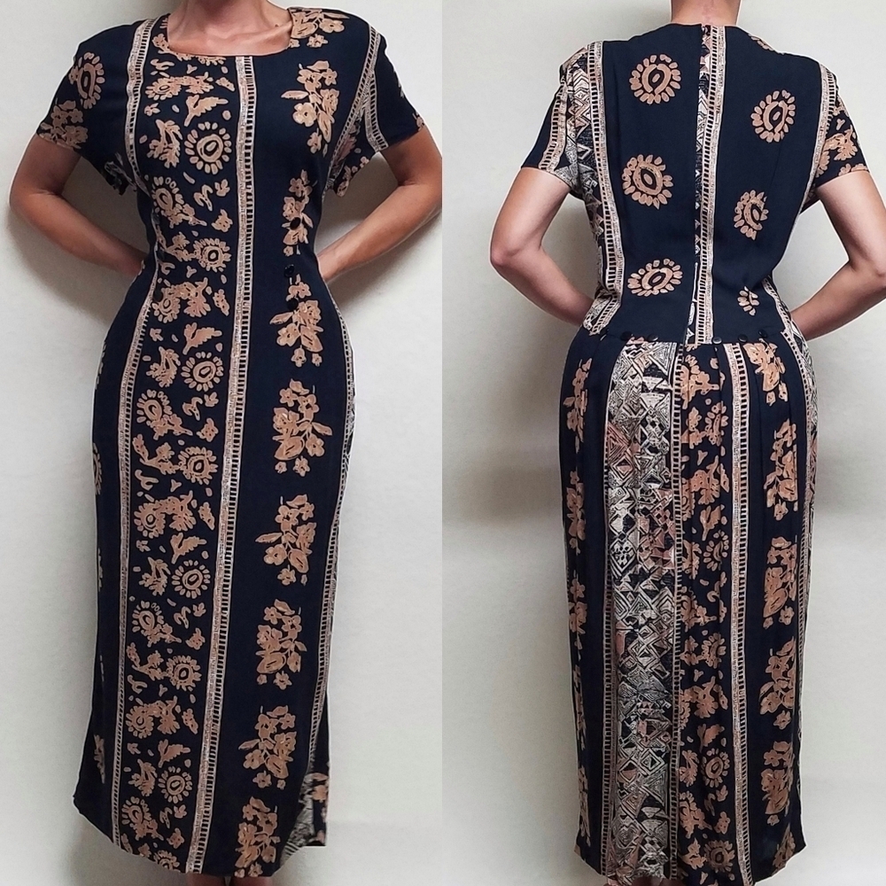 90s Vintage CoCo Bianco Black Tan Tropical Floral Crinkle Fabric Maxi Dress 16